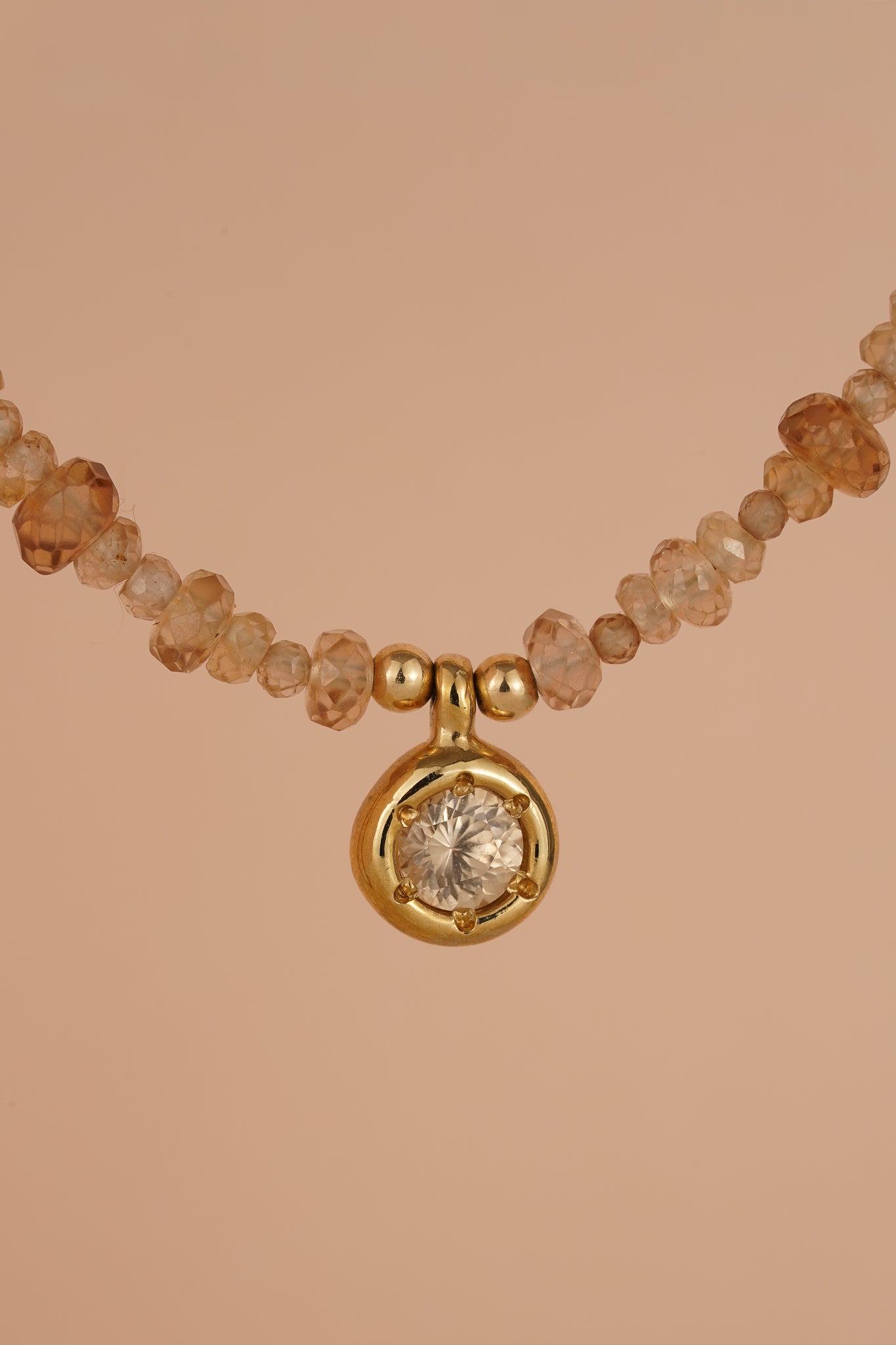Solid gold mixed champagne zircon beaded necklace with pinkish-champagne zircon pendant