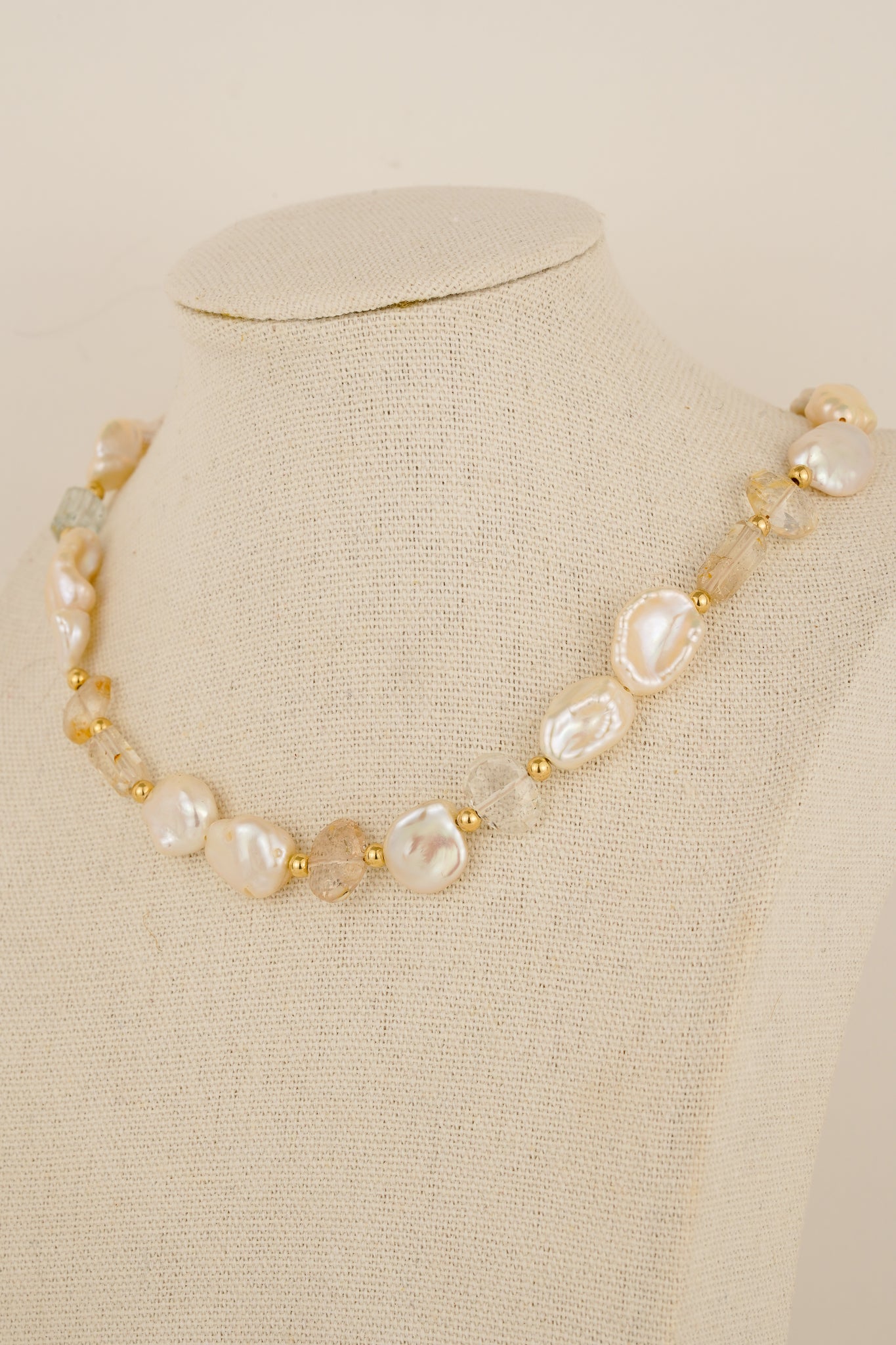Ivory freshwater pearl and champagne imperial topaz beaded necklace