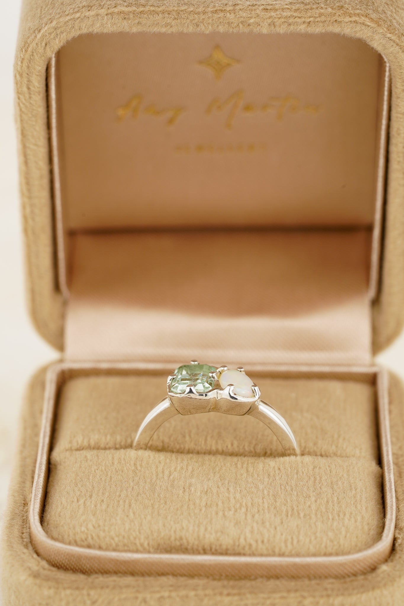 Seafoam tourmaline & white Australian opal Toi et Moi ring