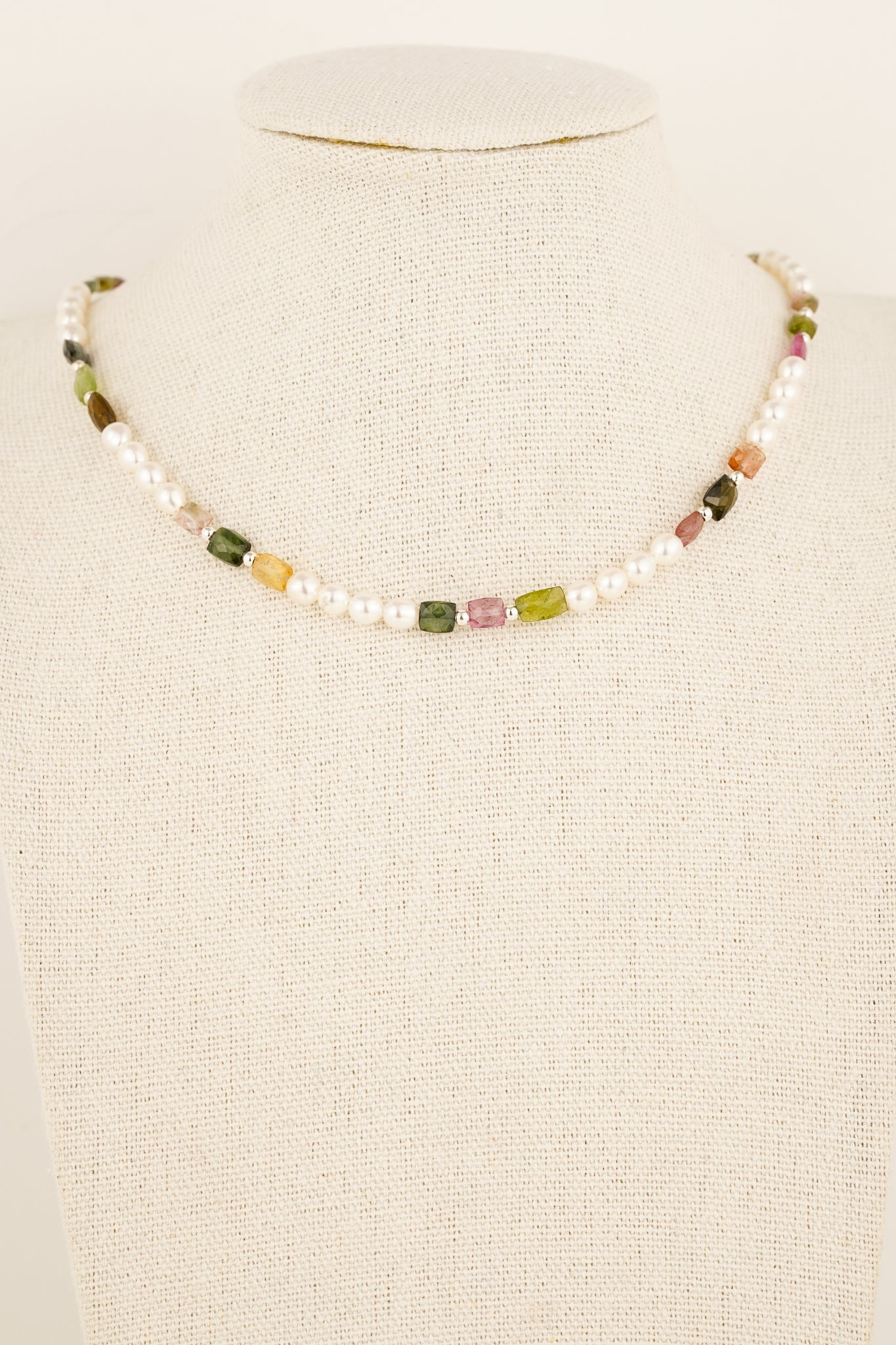 Pearl & cushion cut tourmaline beaded necklace - silver