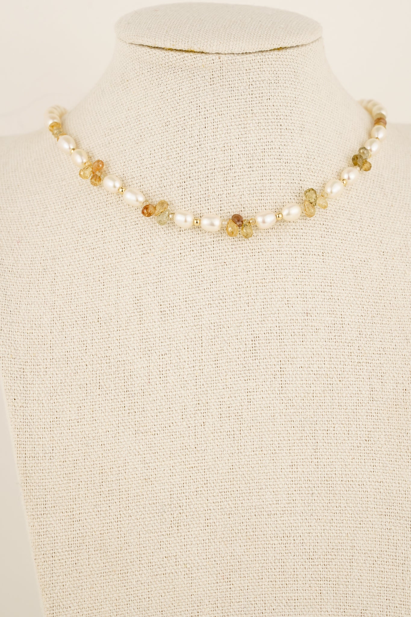 Mixed zircon droplet & pearl beaded necklace - gold