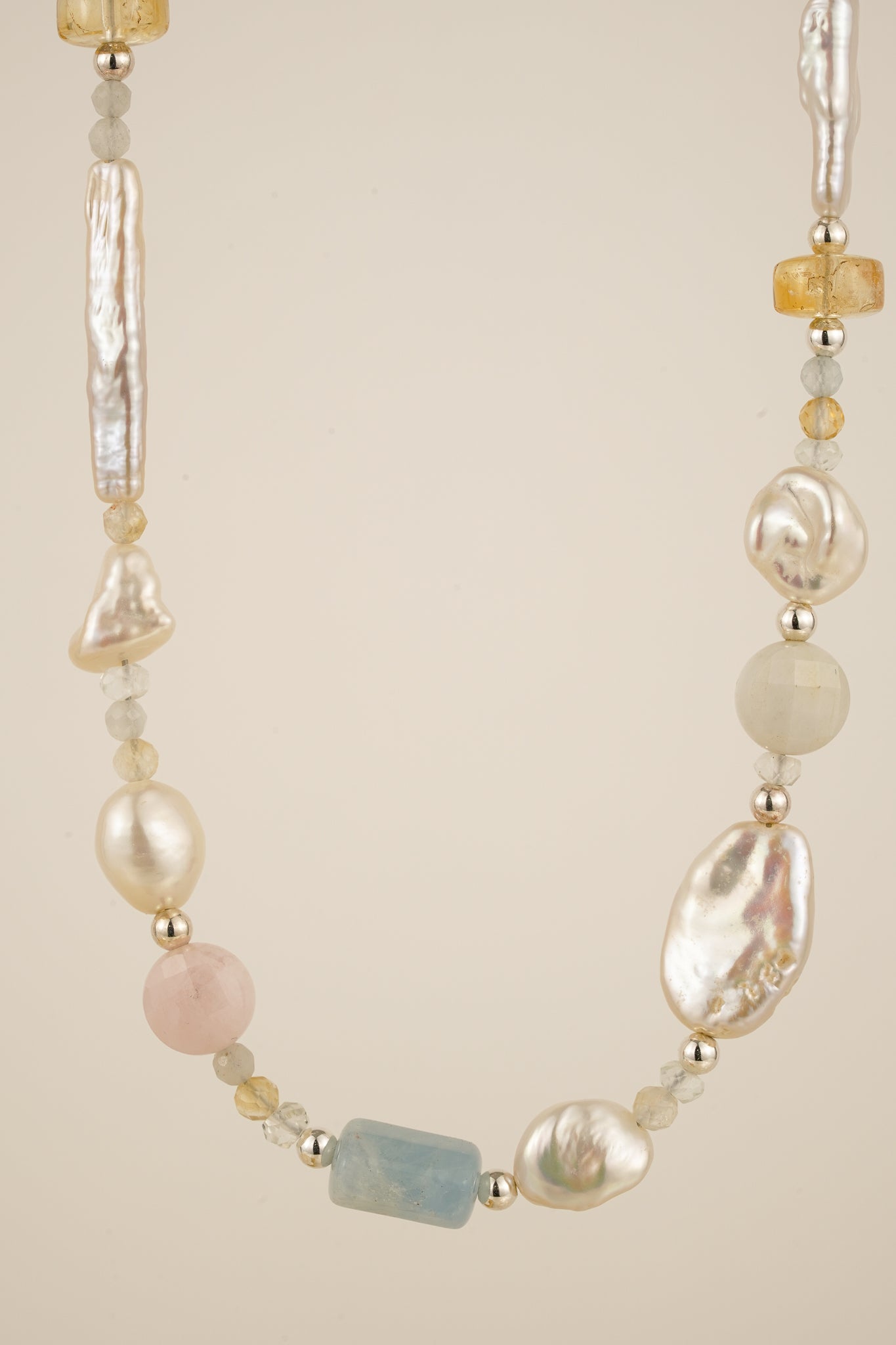 Aquamarine, citrine, morganite and freshwater pearl beaded necklace - mix 2