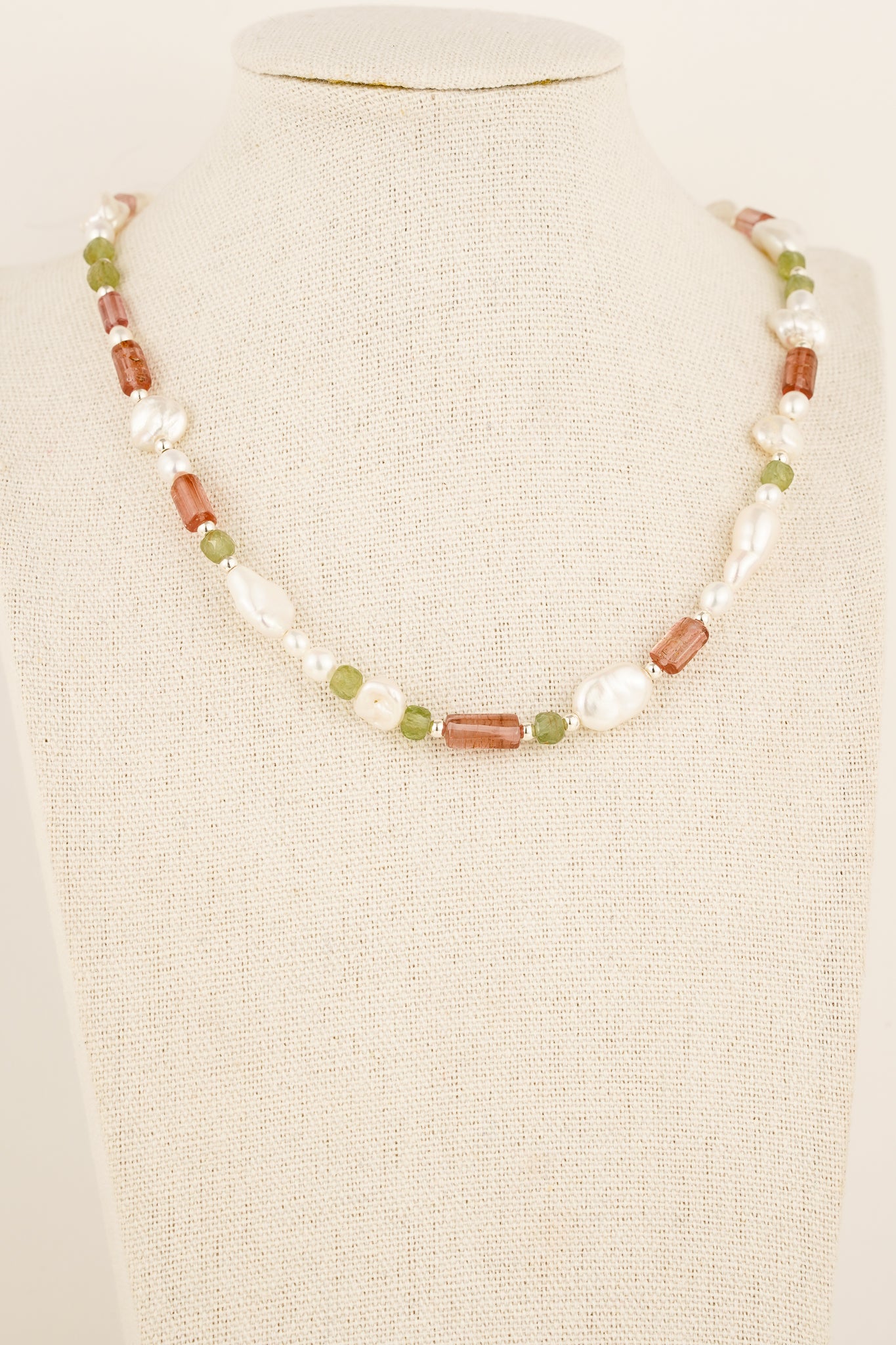 Pearl, tourmaline & apatite beaded necklace - silver