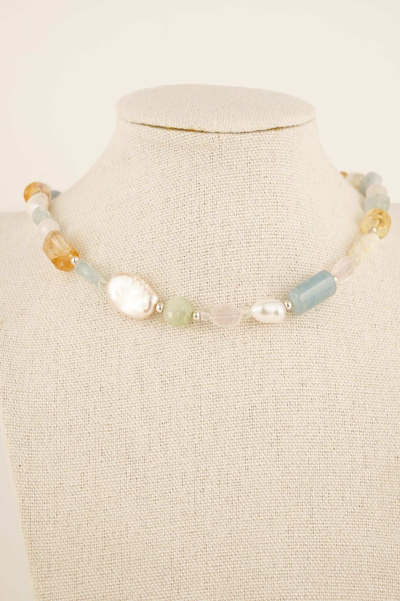 Aquamarine, citrine, morganite and freshwater pearl beaded necklace - mix 3