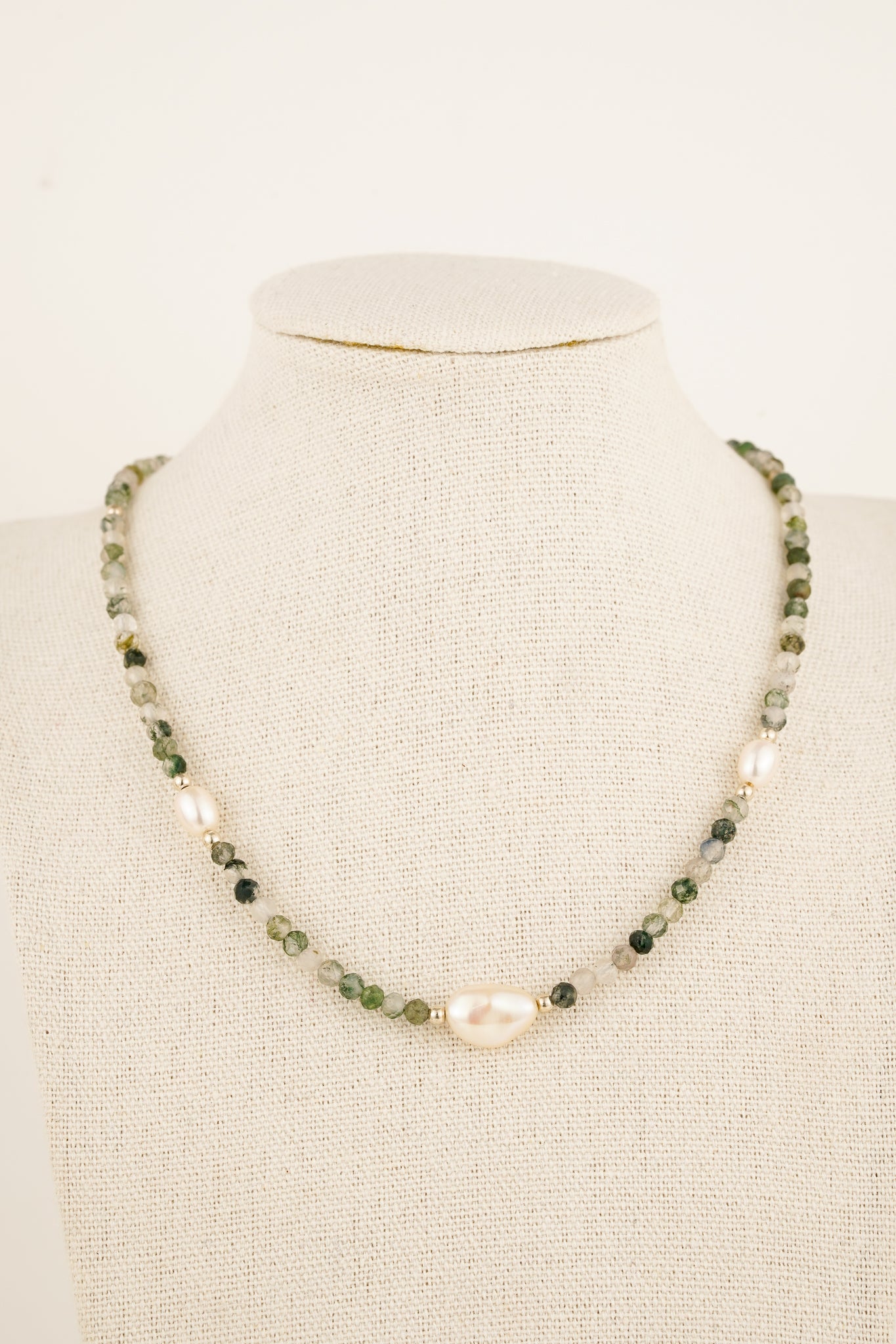Moss agate & pearl necklace (3 pearl) - silver