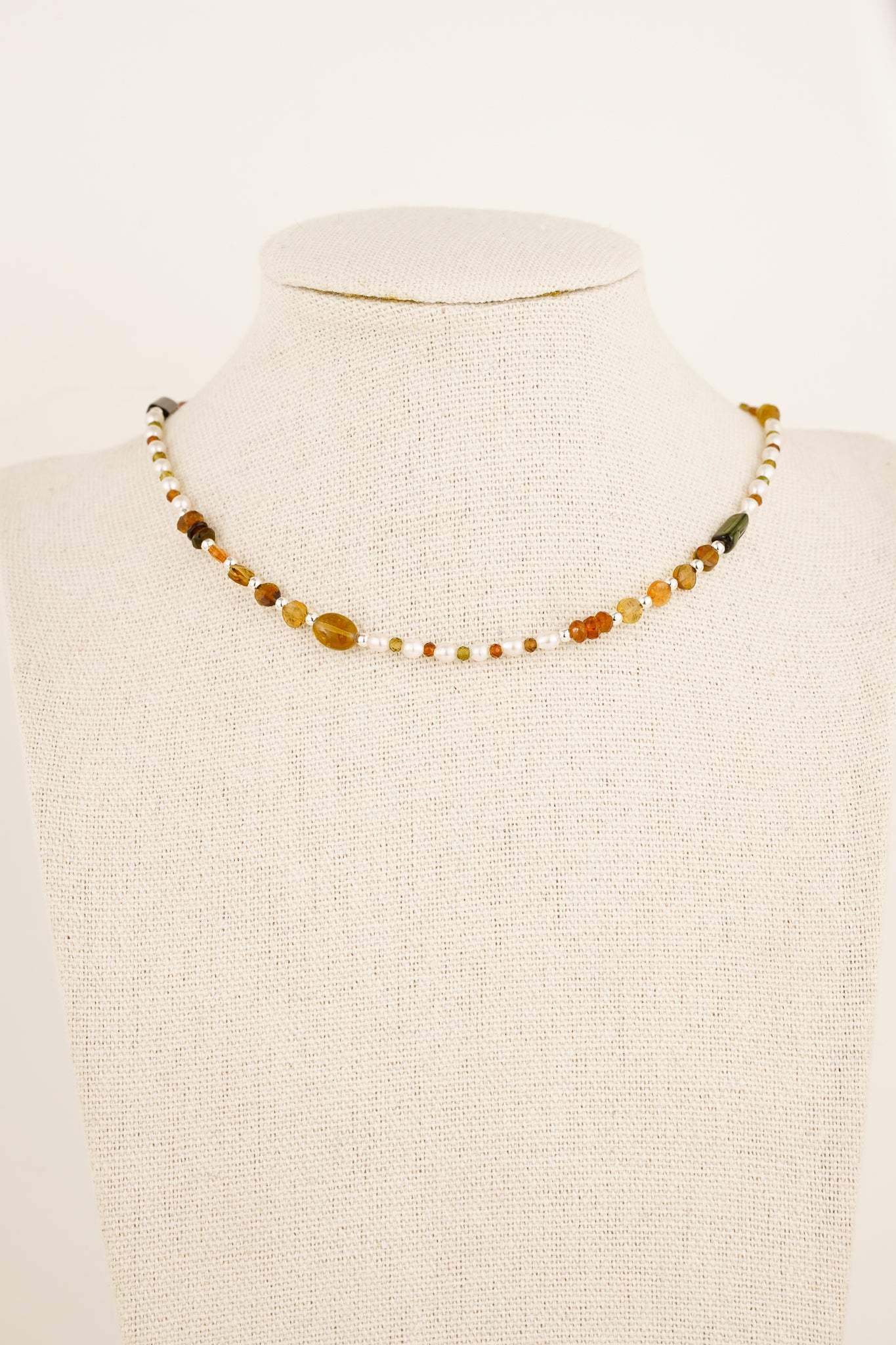 Pearl & petro tourmaline beaded necklace - silver mix 1