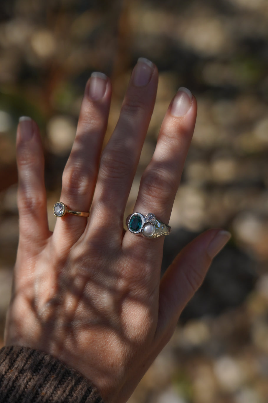 Teal nano-crystal & pearl ring