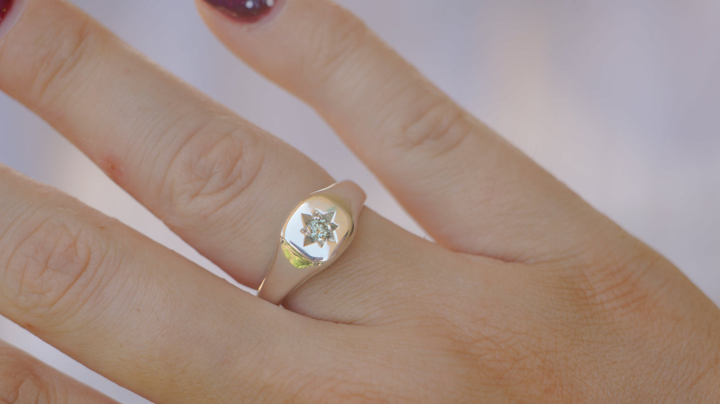 Teal moissanite signet ring - silver