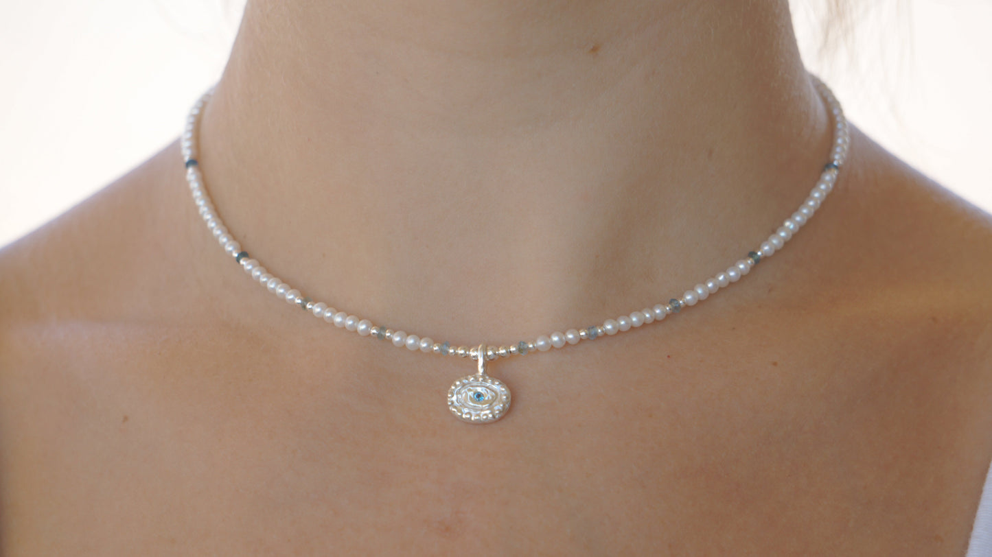 Pearl & blue tourmaline necklace with pendant - silver