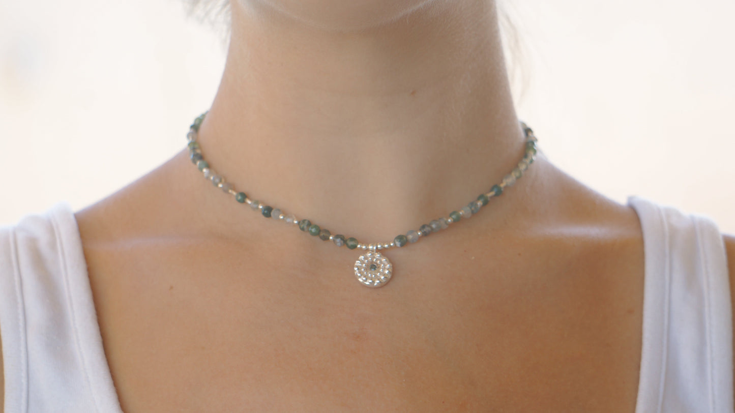 Moss agate beaded necklace with pendant - silver