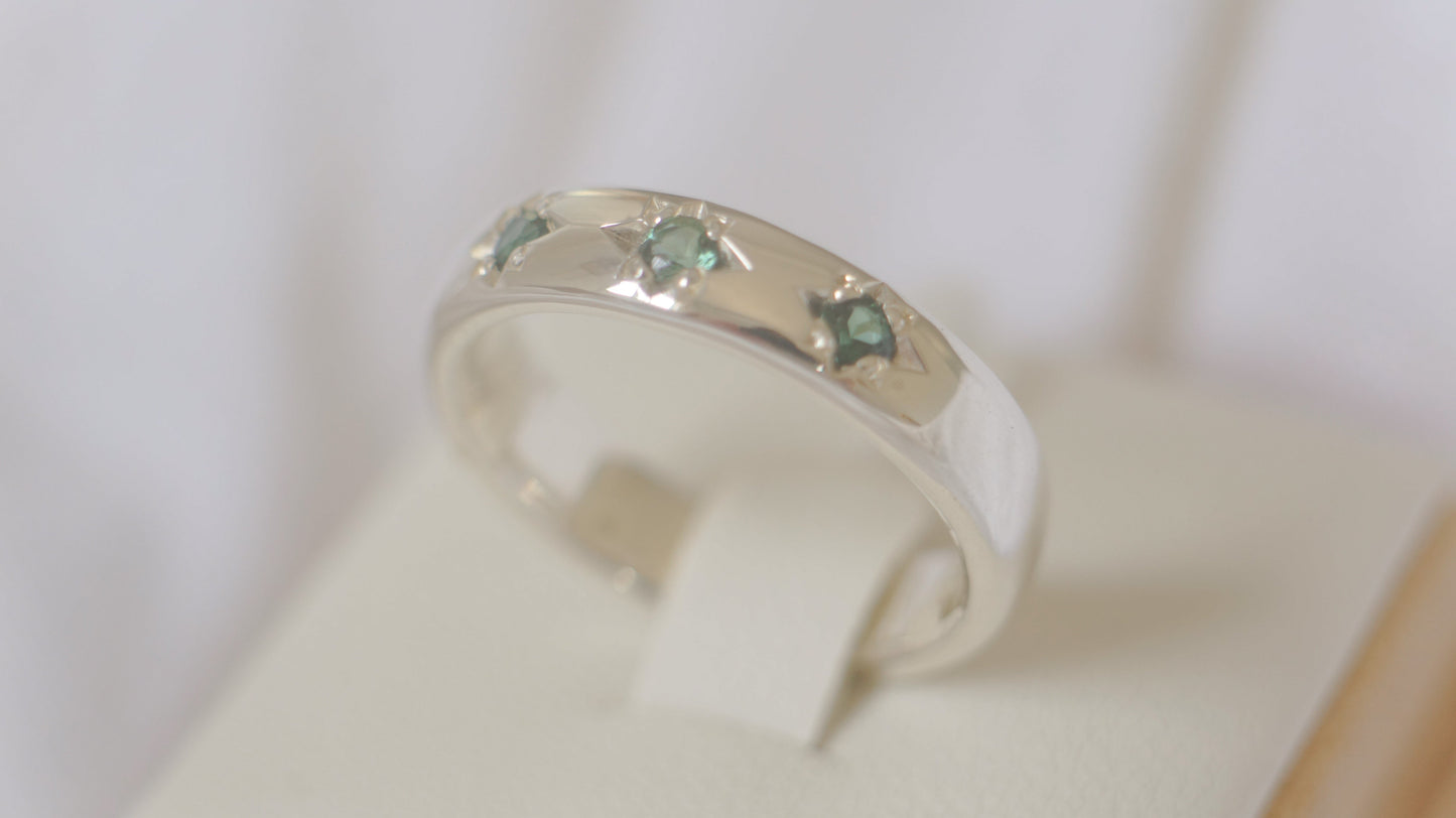 Teal tourmaline three stone band - silver