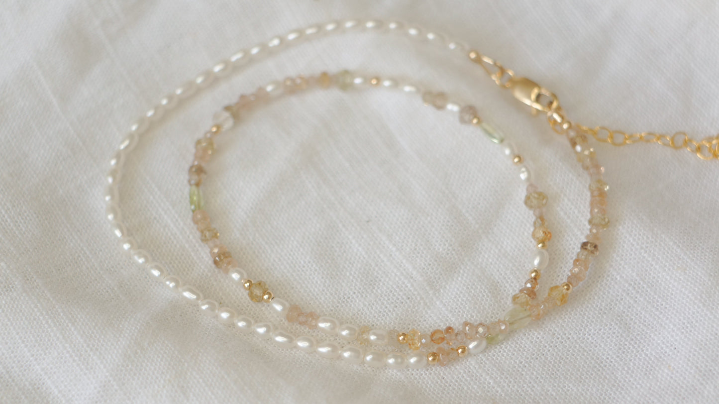 Mixed zircon & pearl beaded necklace - gold mix 1