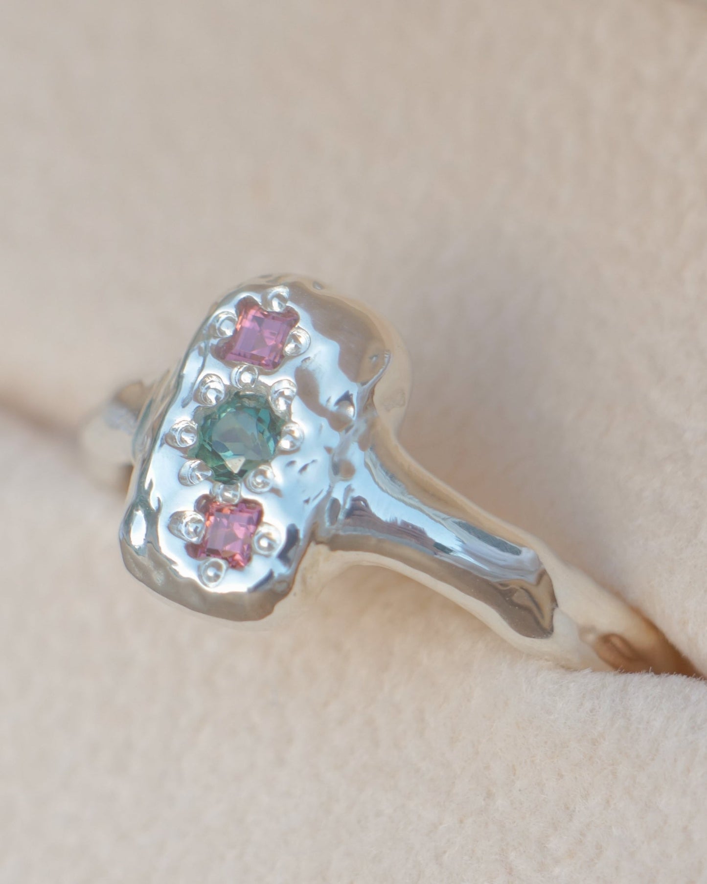 Molten signet with teal tourmaline & rhodolite garnet - silver