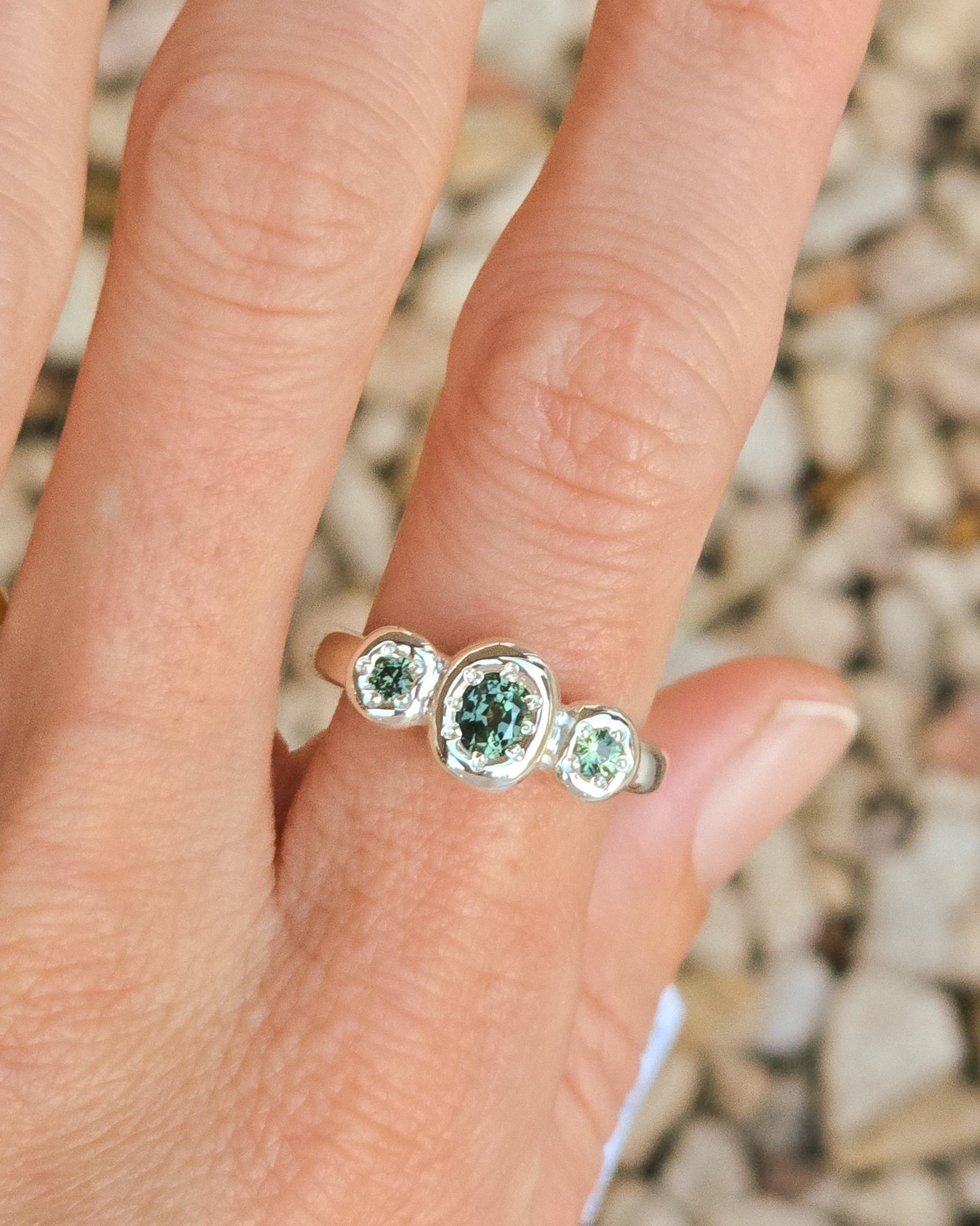 Teal Australian sapphire three stone ring - silver