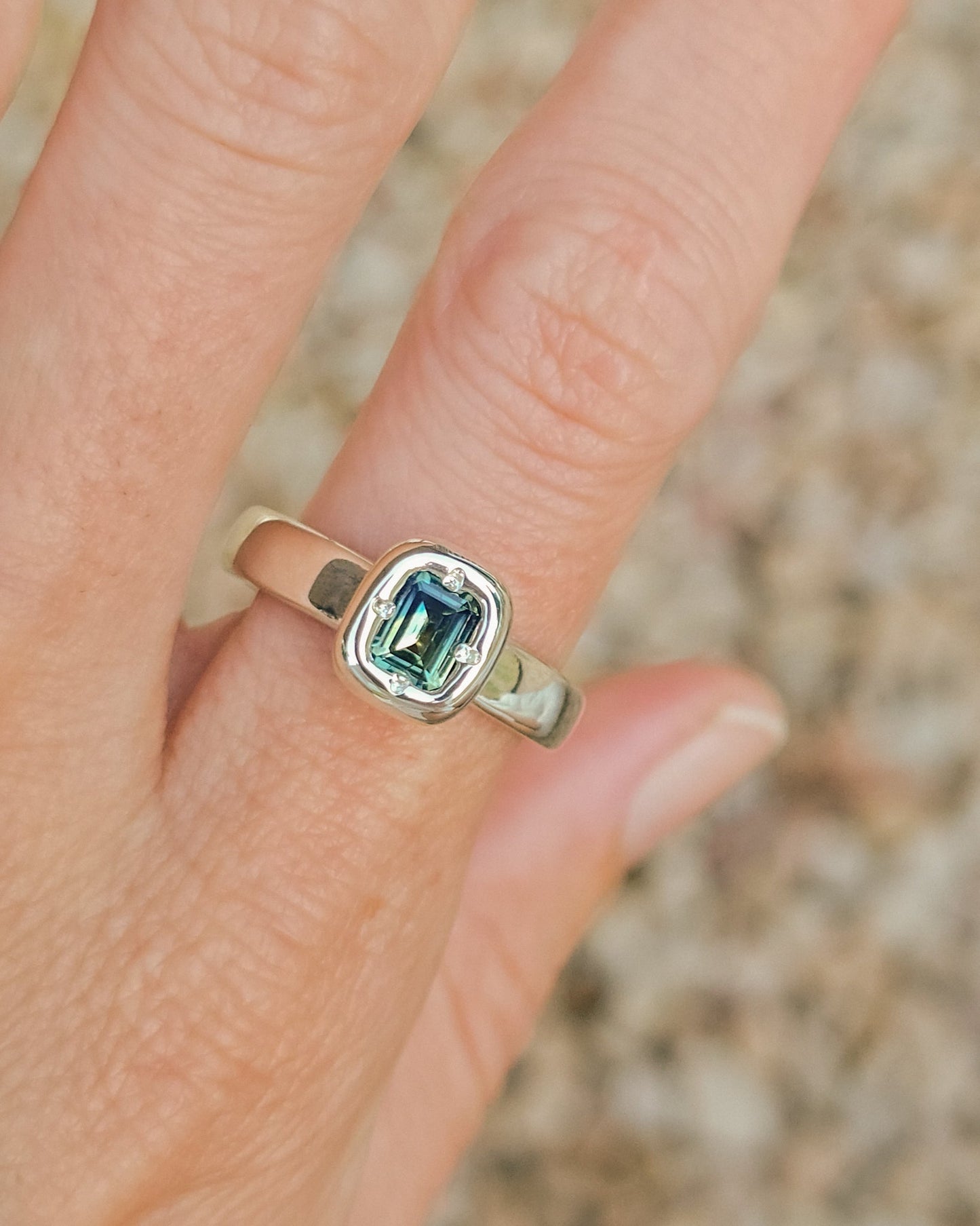 Cushion cut Australian parti sapphire ring - silver