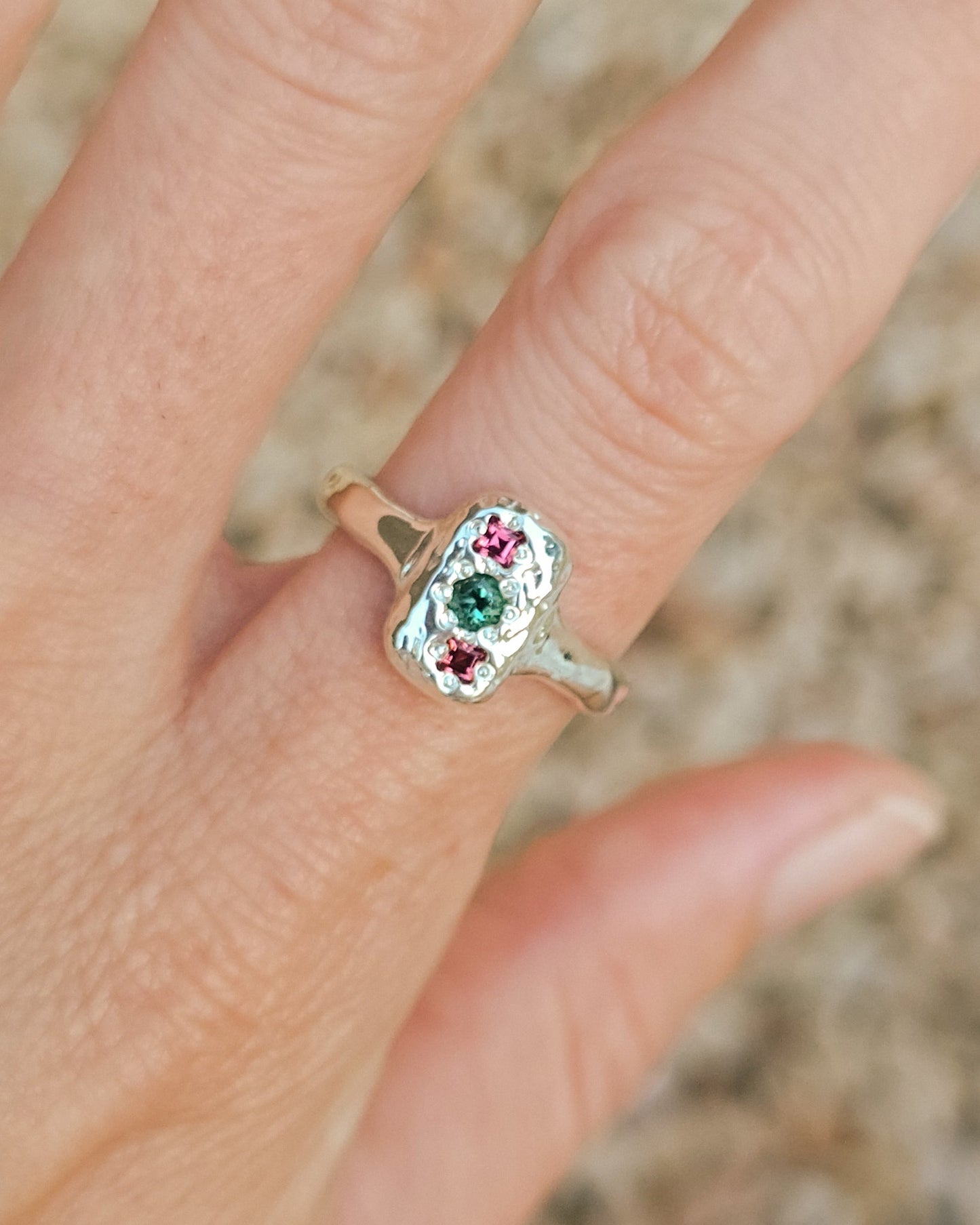 Molten signet with teal tourmaline & rhodolite garnet - silver