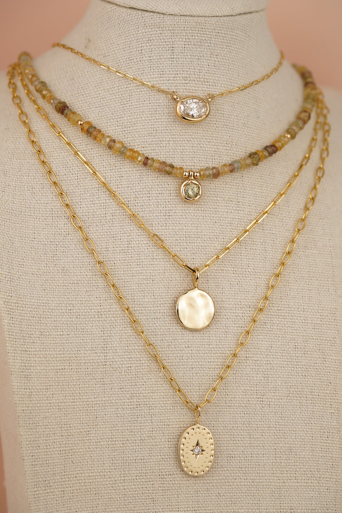 Solid gold mixed-colour zircon beaded necklace with green zircon pendant