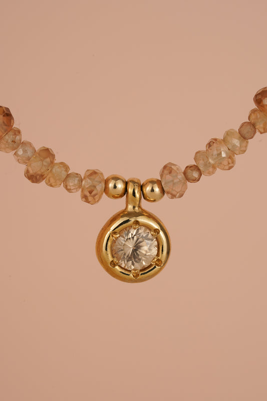 Solid gold mixed champagne zircon beaded necklace with pinkish-champagne zircon pendant