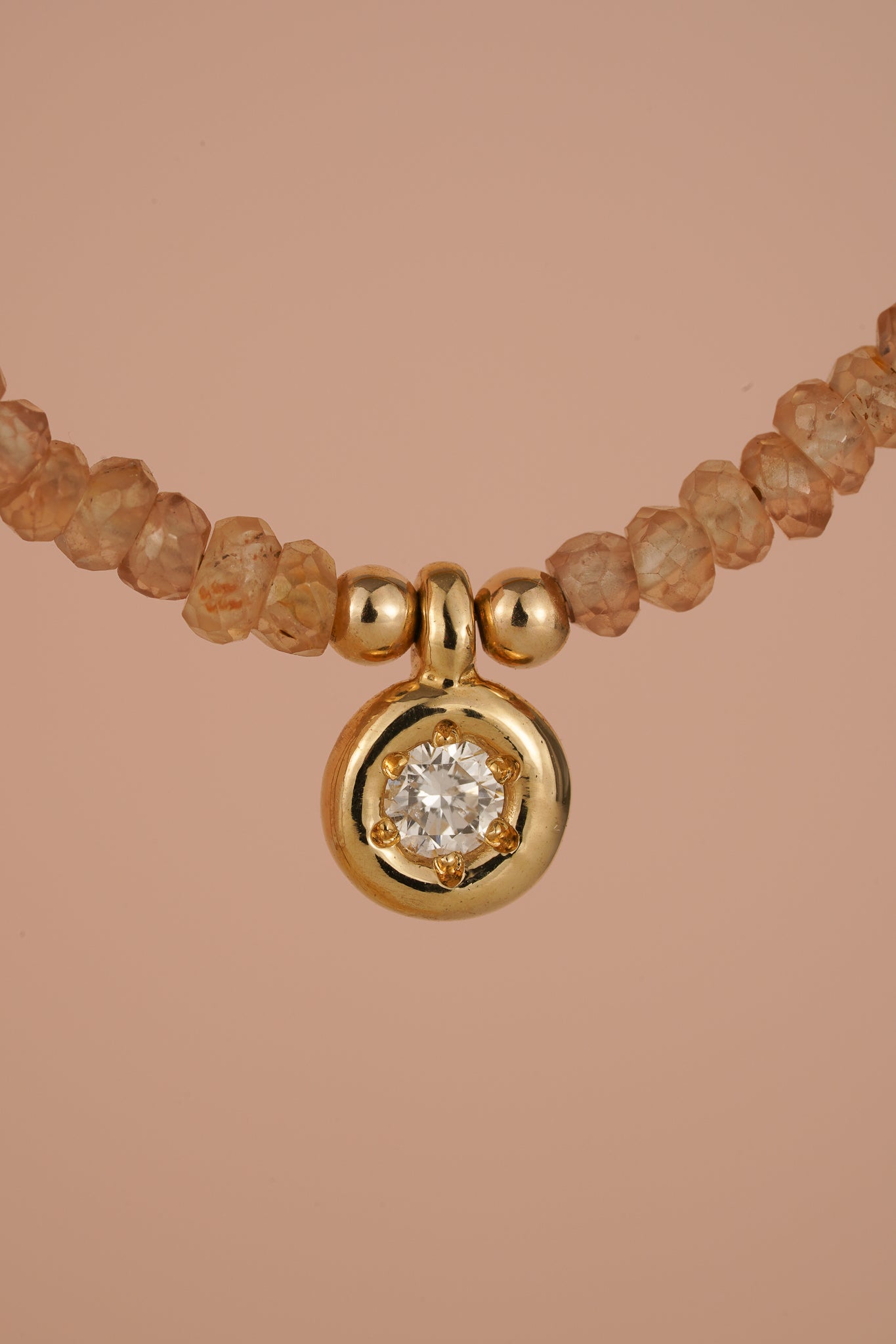 Solid gold champagne zircon beaded necklace with diamond pendant