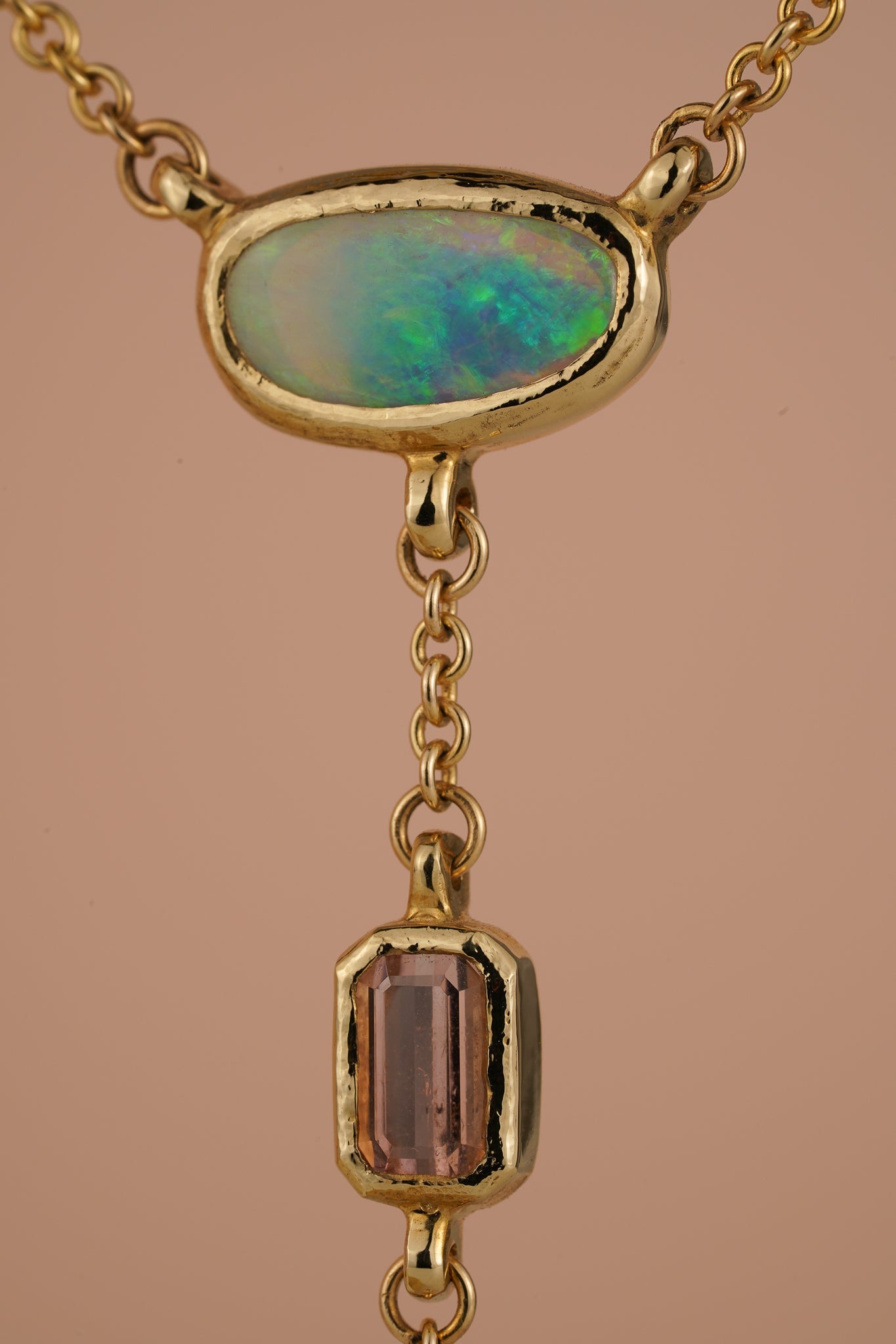 Solid gold triple drop lariat necklace with opal & tourmaline
