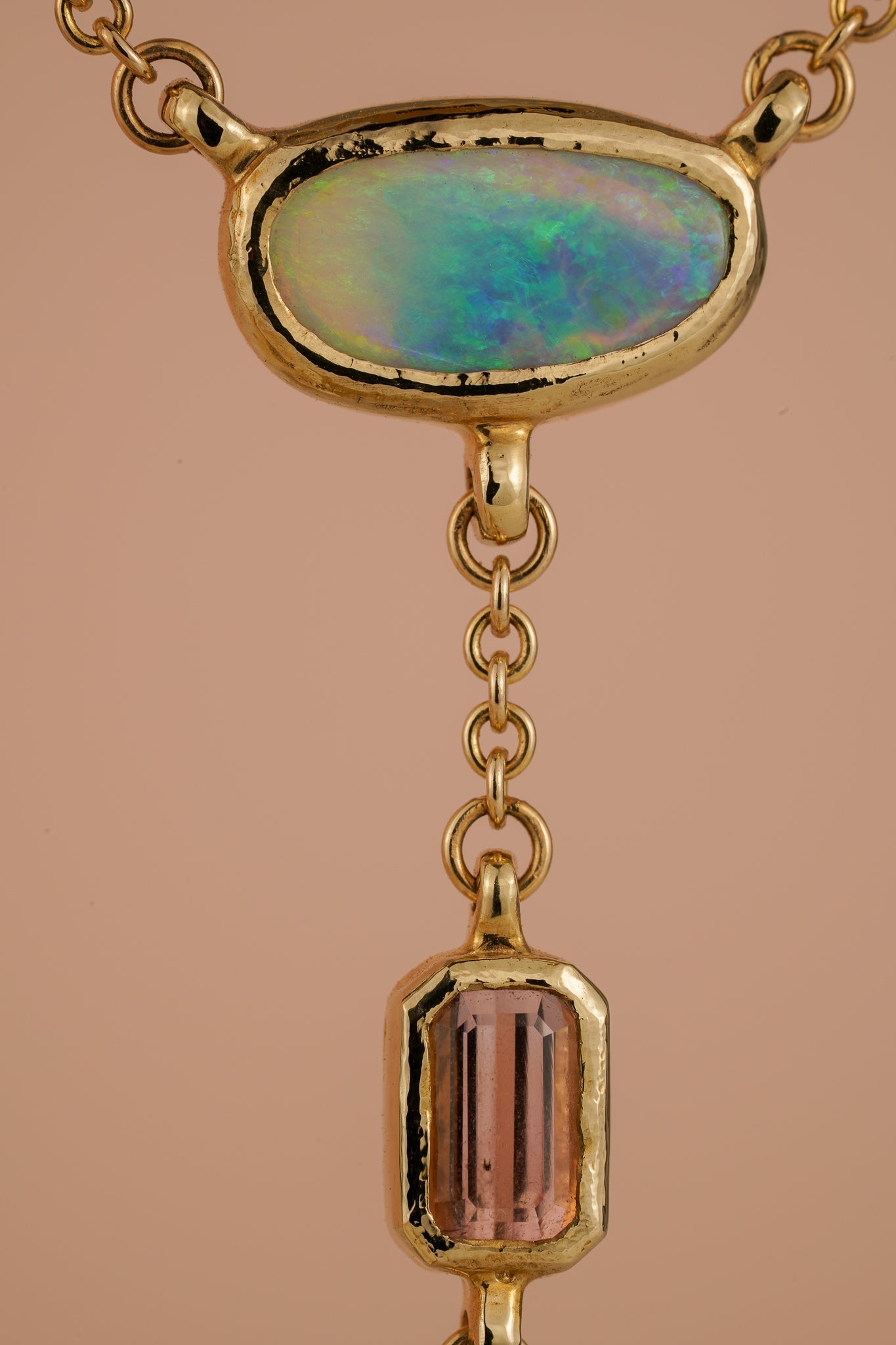 Solid gold triple drop lariat necklace with opal & tourmaline