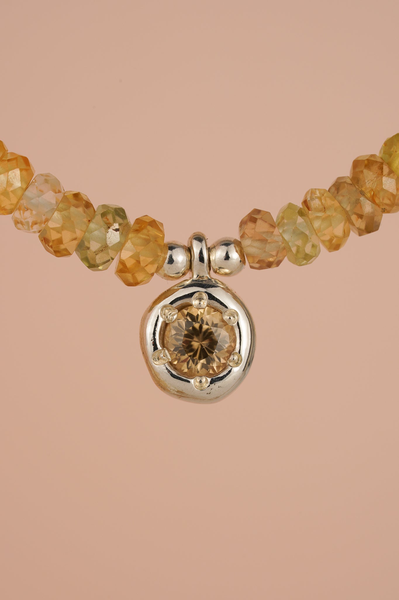 Mixed zircon beaded necklace with champagne zircon pendant - silver