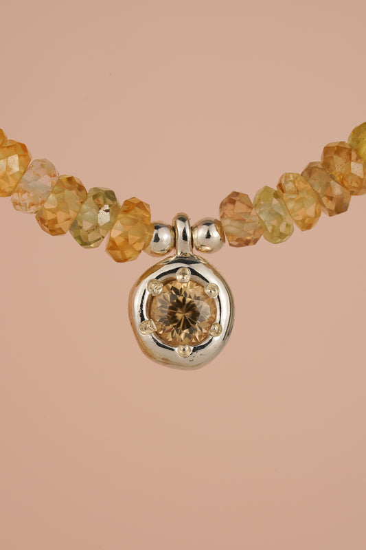 Mixed zircon beaded necklace with champagne zircon pendant - silver