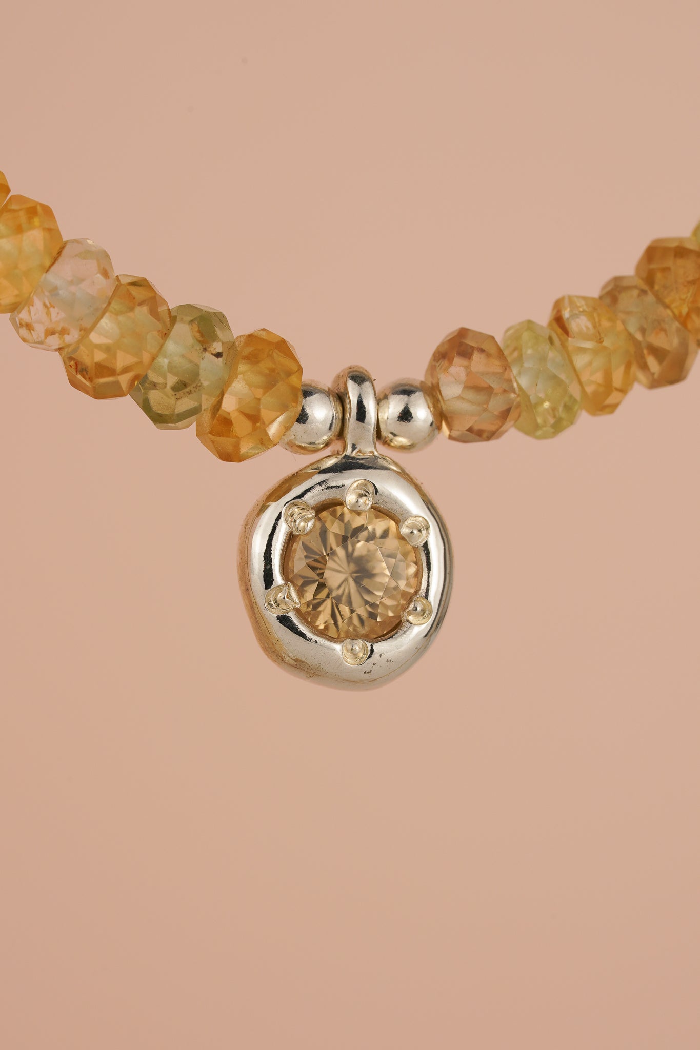 Mixed zircon beaded necklace with champagne zircon pendant - silver