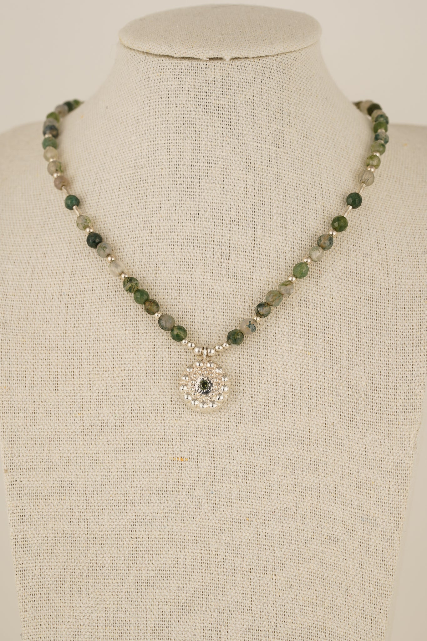 Moss agate beaded necklace with pendant - silver