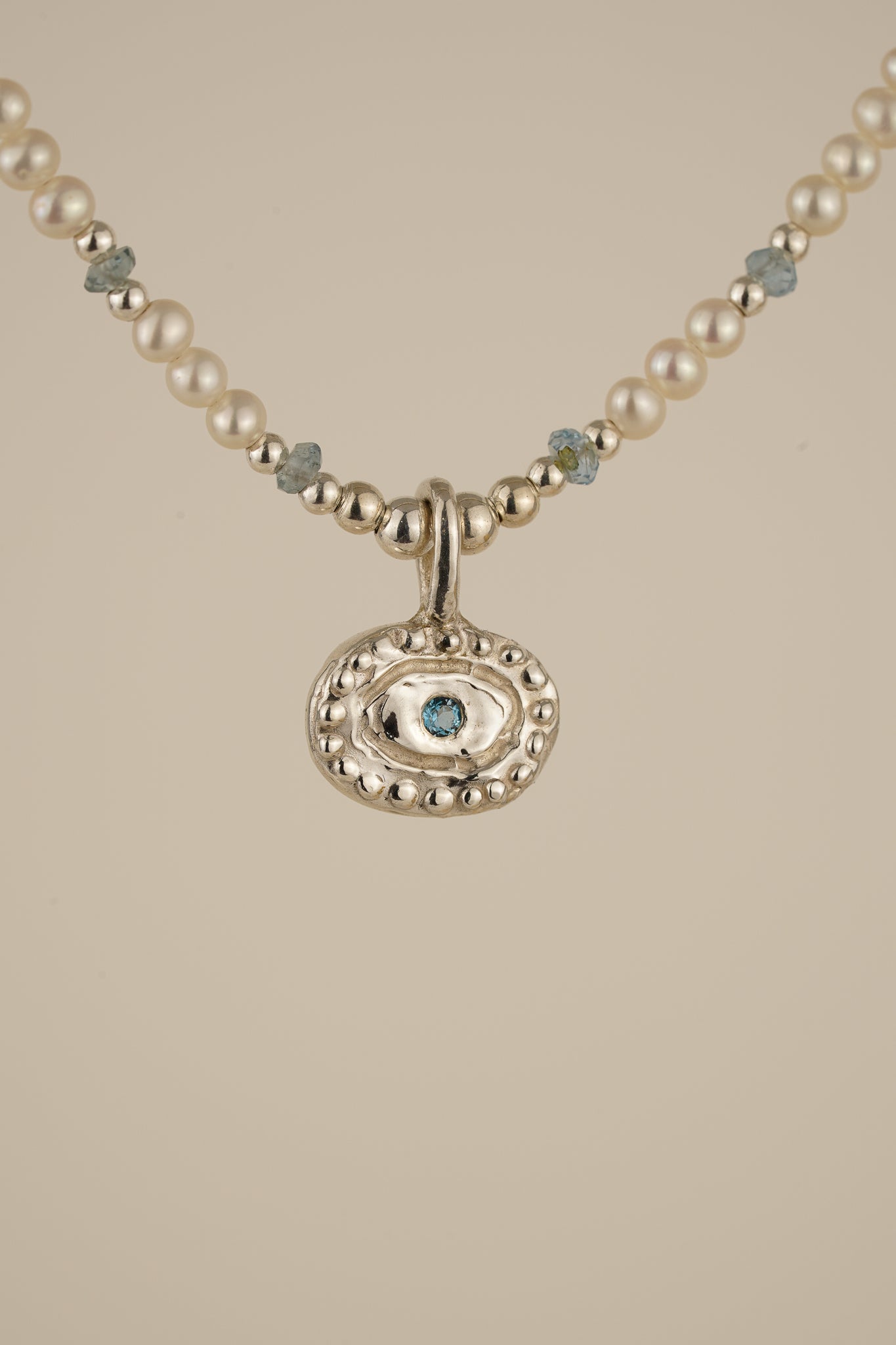 Pearl & blue tourmaline necklace with pendant - silver