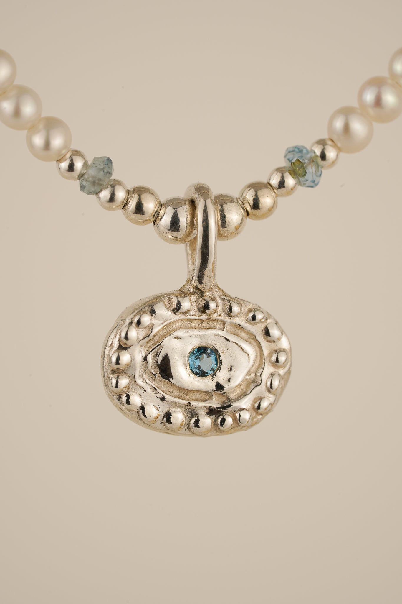 Pearl & blue tourmaline necklace with pendant - silver