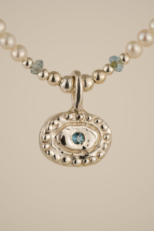 Pearl & blue tourmaline necklace with pendant - silver