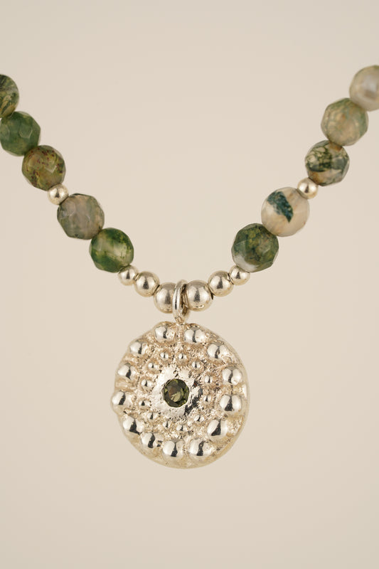 Moss agate beaded necklace with pendant - silver