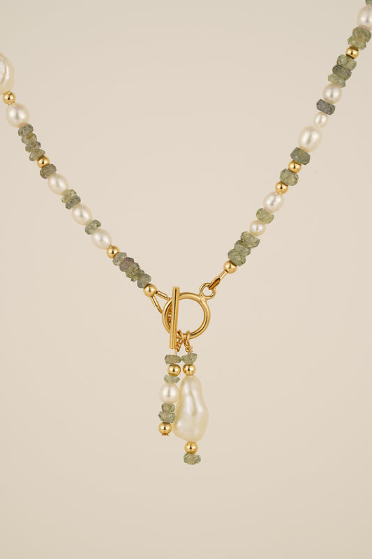 Pearl & teal sapphire beaded necklace with toggle clasp & pendants - gold