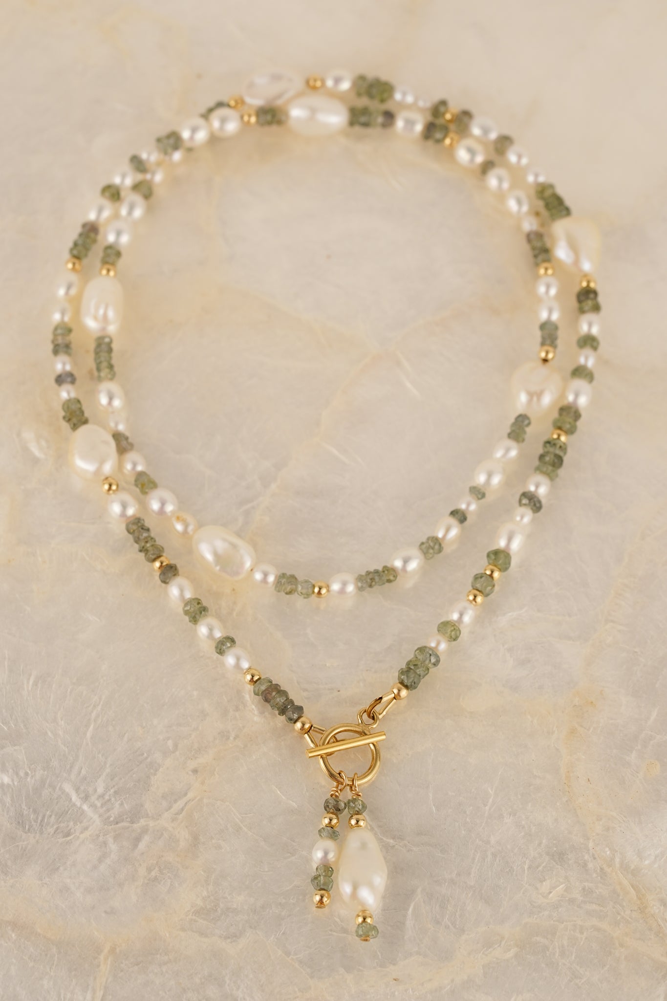 Pearl & teal sapphire beaded necklace with toggle clasp & pendants - gold