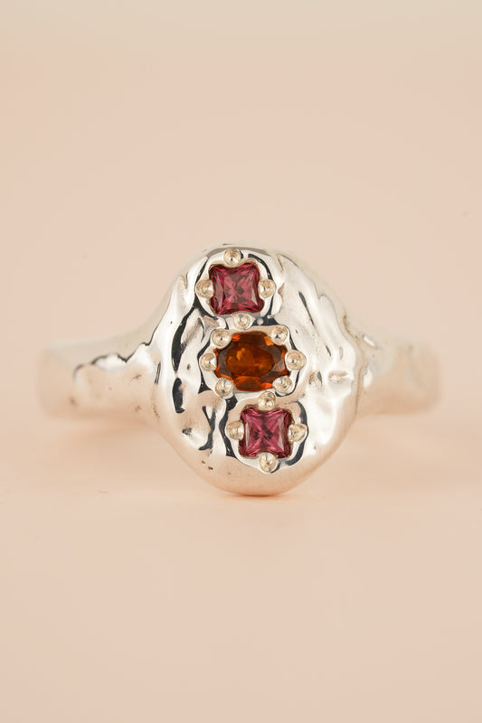 Molten signet with orange tourmaline & rhodolite garnet