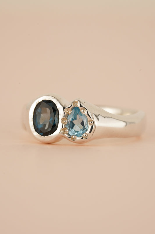 Blue topaz two stone ring