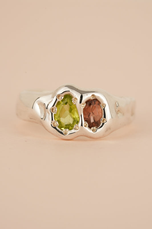 Peridot & tourmaline two stone ring