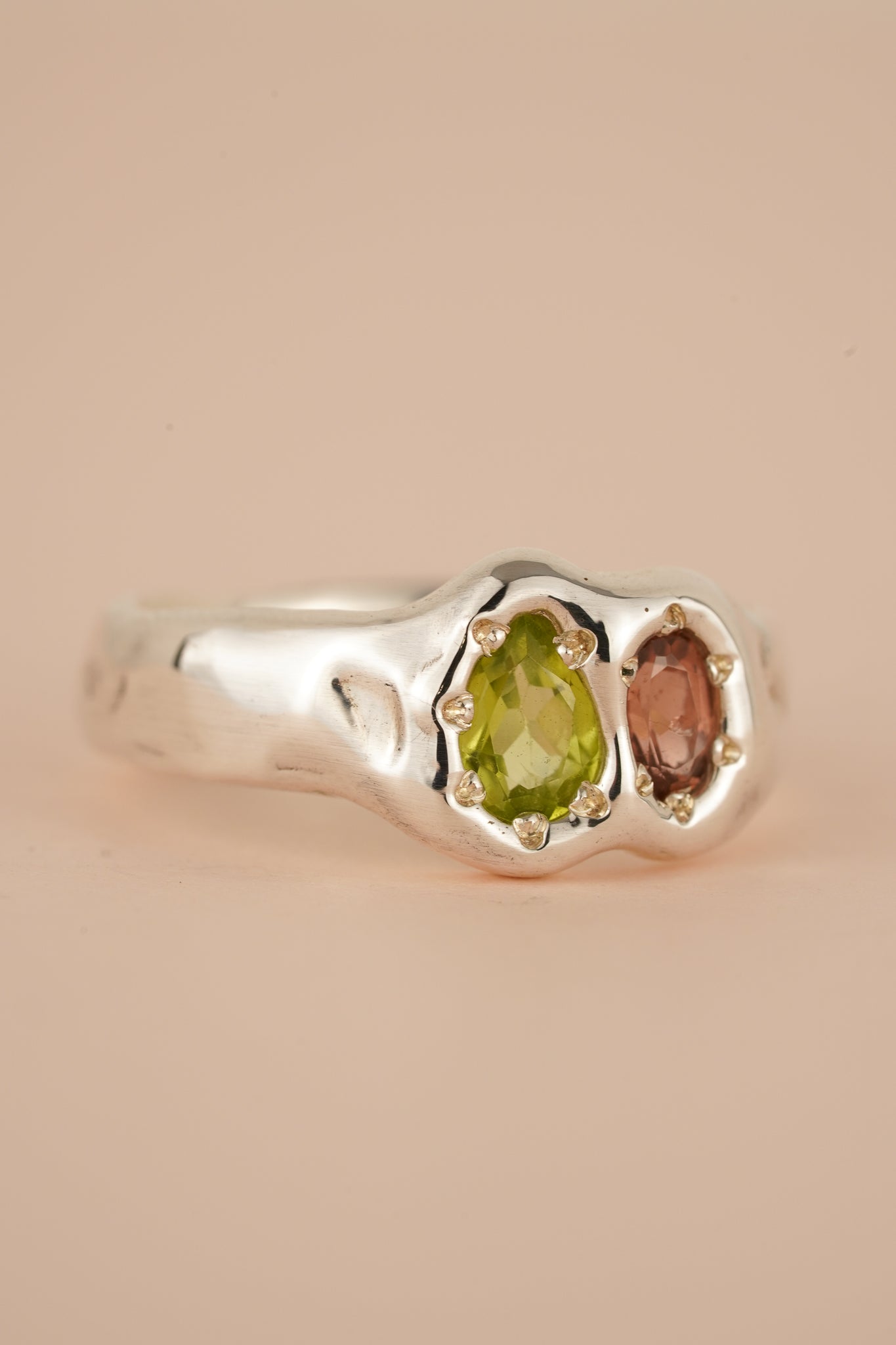 Peridot & tourmaline two stone ring