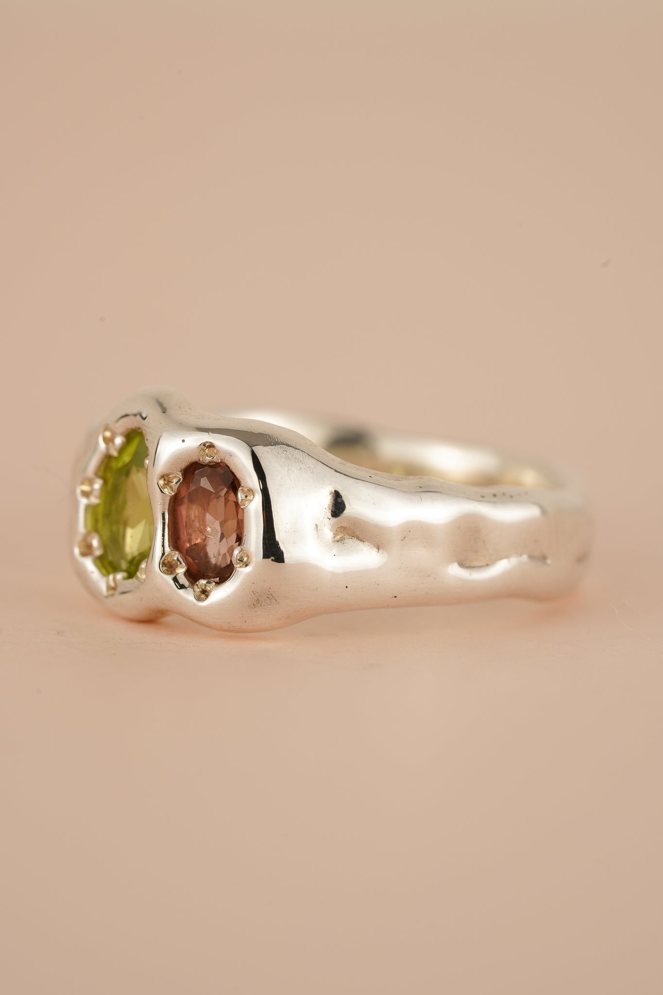 Peridot & tourmaline two stone ring