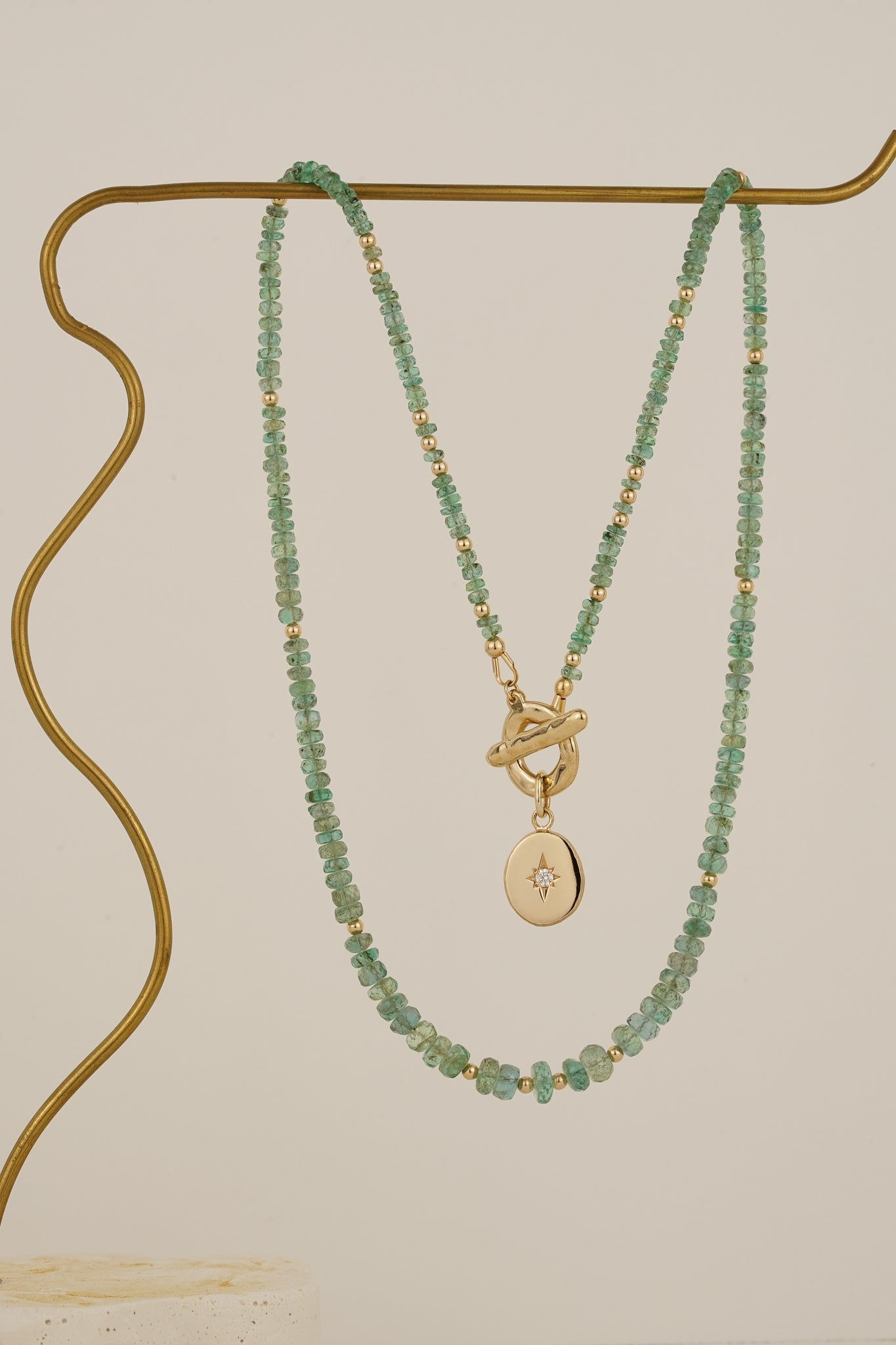 Emerald beaded necklace with solid gold toggle clasp & diamond pendant