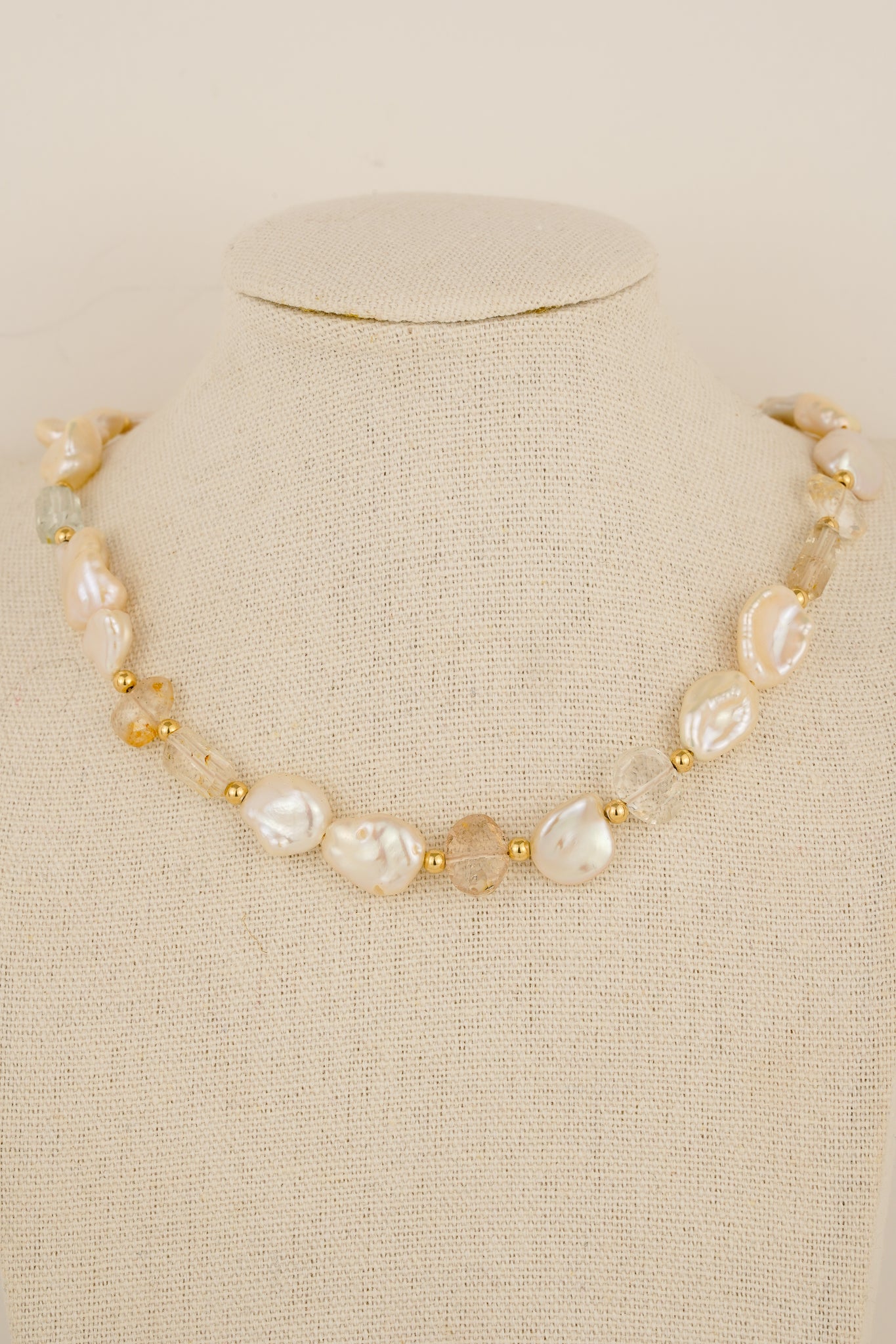 Ivory freshwater pearl and champagne imperial topaz beaded necklace