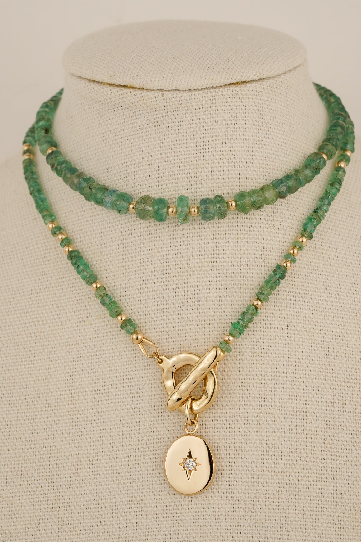Emerald beaded necklace with solid gold toggle clasp & diamond pendant