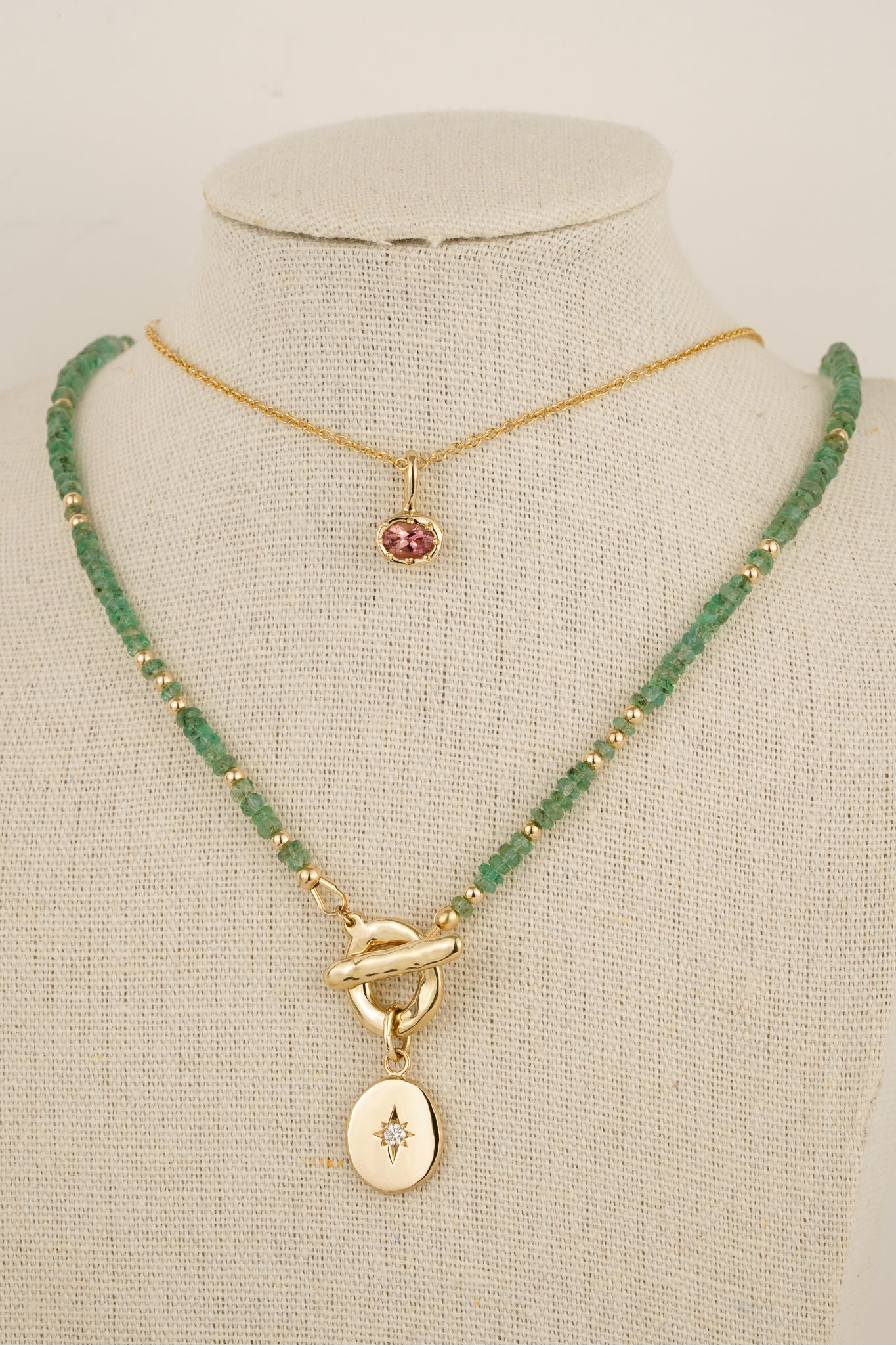 Emerald beaded necklace with solid gold toggle clasp & diamond pendant