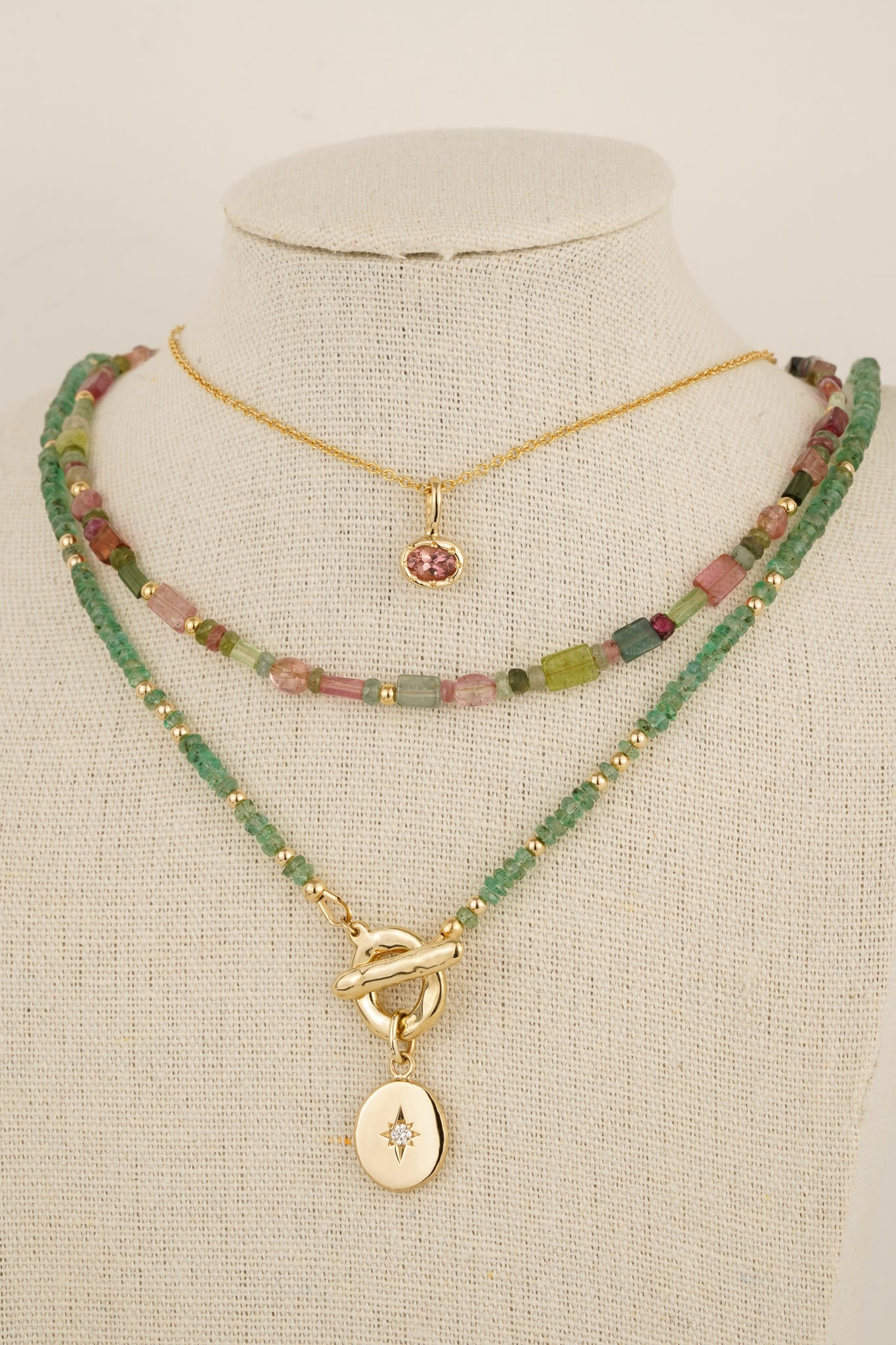 Emerald beaded necklace with solid gold toggle clasp & diamond pendant