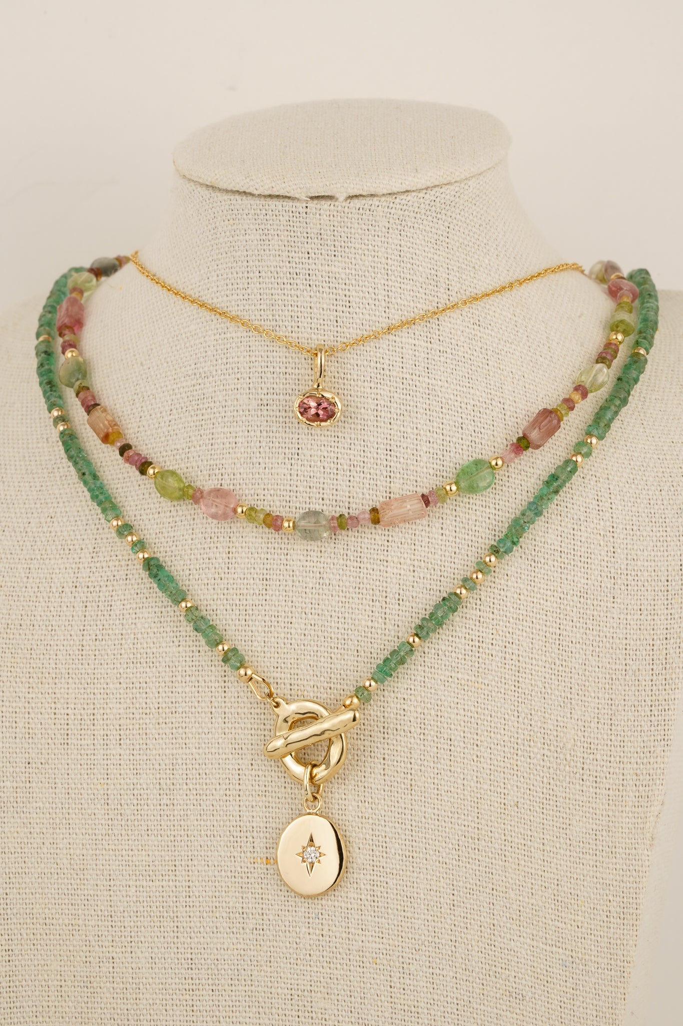 Solid gold pink tourmaline pendant