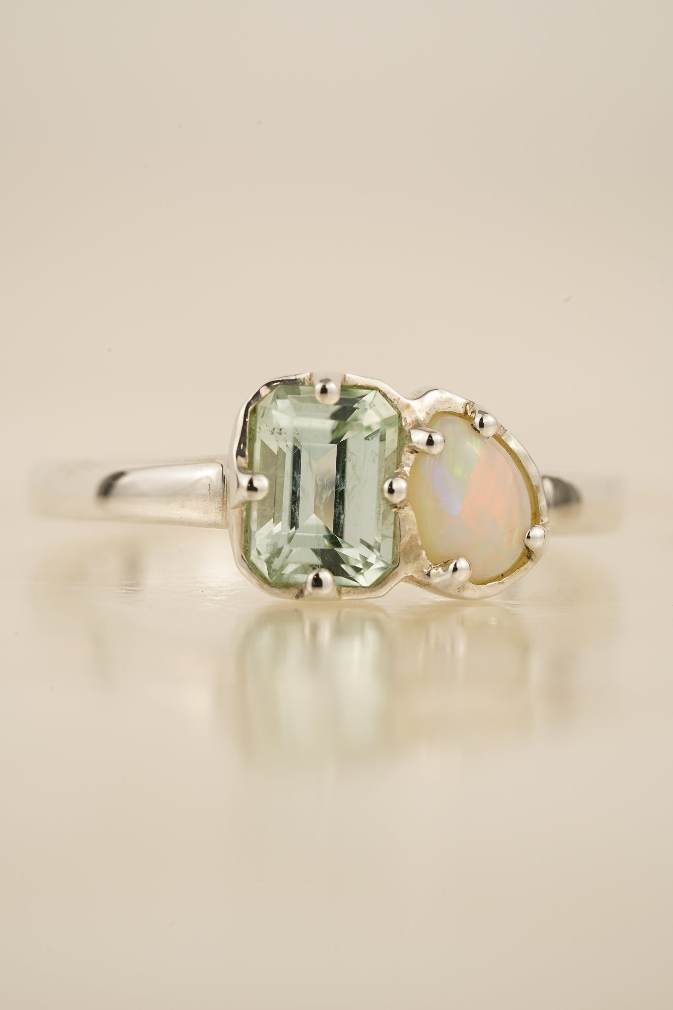 Seafoam tourmaline & white Australian opal Toi et Moi ring