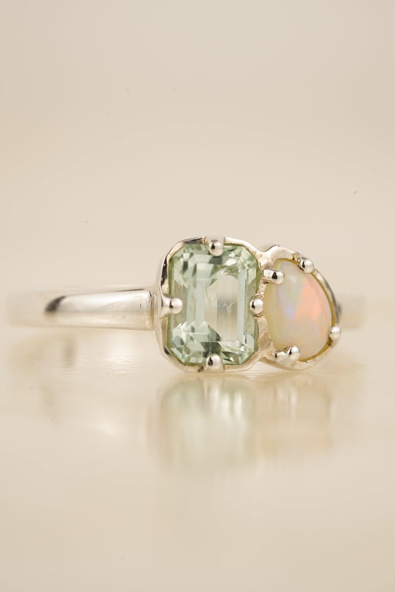 Seafoam tourmaline & white Australian opal Toi et Moi ring