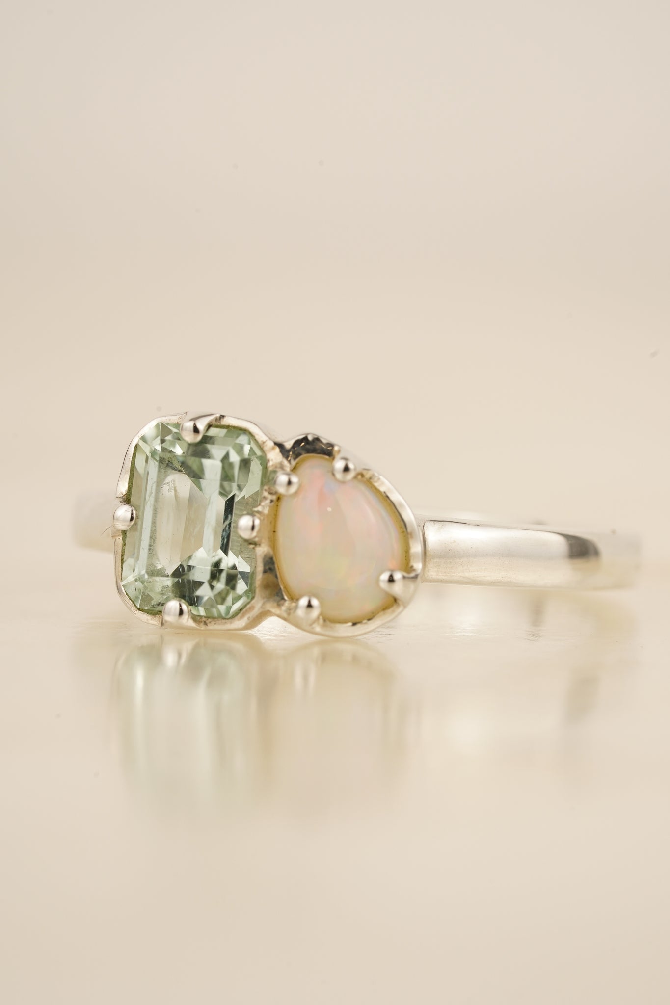 Seafoam tourmaline & white Australian opal Toi et Moi ring