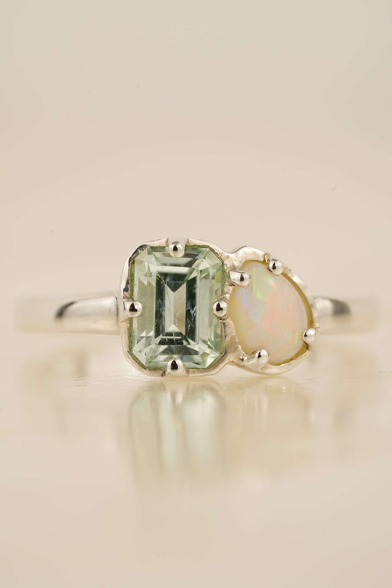 Seafoam tourmaline & white Australian opal Toi et Moi ring
